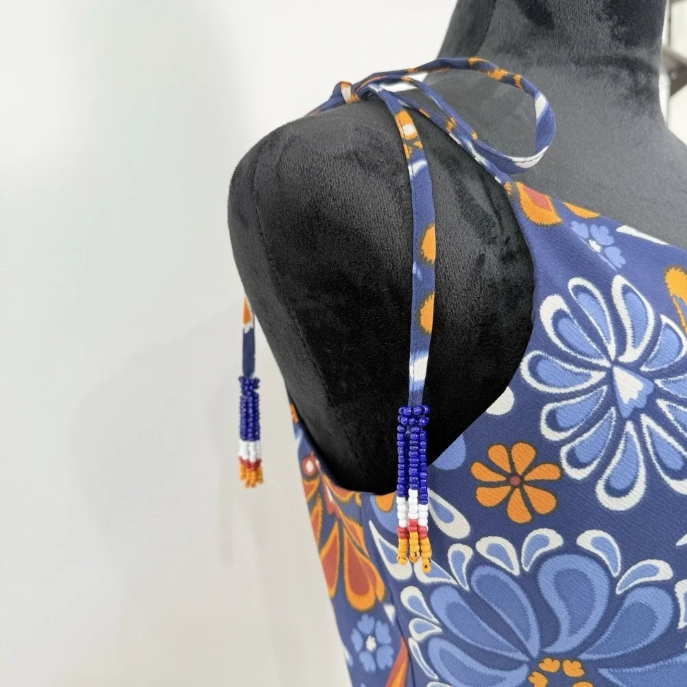 Sigrid Olsen Retro Floral Cami Tank Small Tie Strap Summer Vacation Top Folk Art - Picture 2 of 7